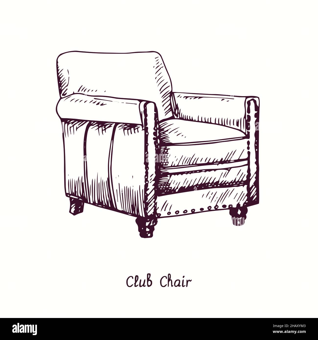 Fauteuil club.Dessin d'une boisée noire et blanche à l'encre. Banque D'Images