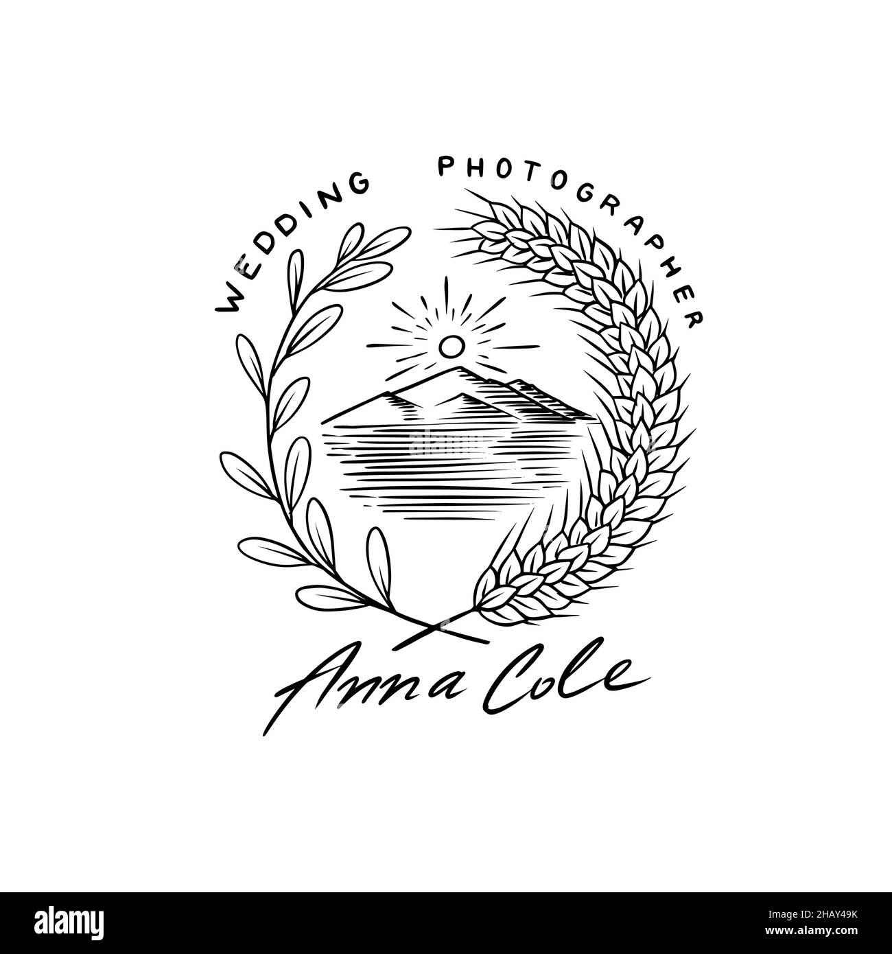 Montagne ou colline et blé.Logo ou badge de photographe de mariage.Communauté de la photographie.Modèles pour studio, boutique d'époque ou boutique.Esquisse dessinée à la main Illustration de Vecteur