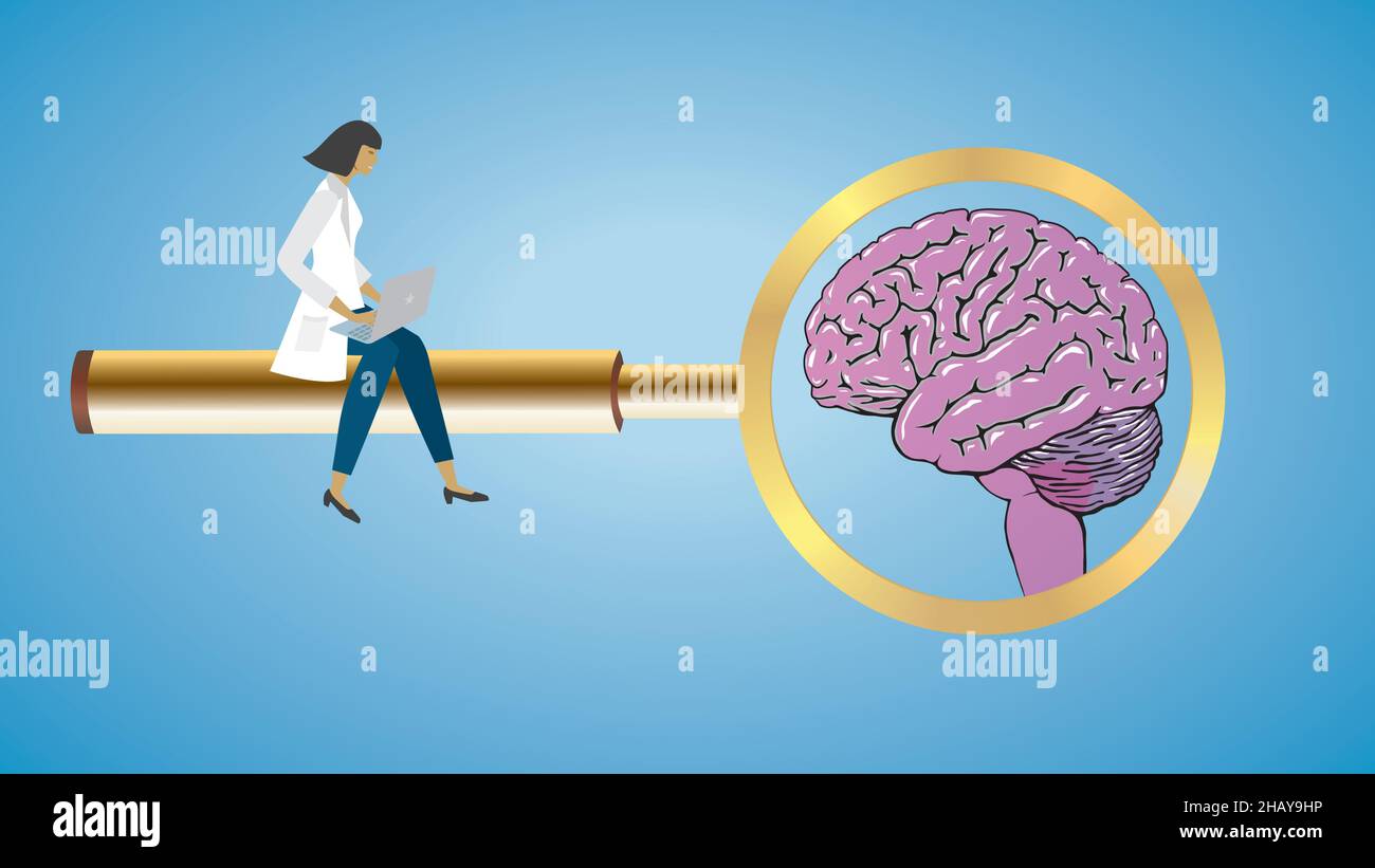 Concentrez-vous sur le cerveau.Femme, neurologue, thérapeutique, étudiante assise sur une loupe dorée.Illustration vectorielle.Dimension 16:9.EPS10. Illustration de Vecteur