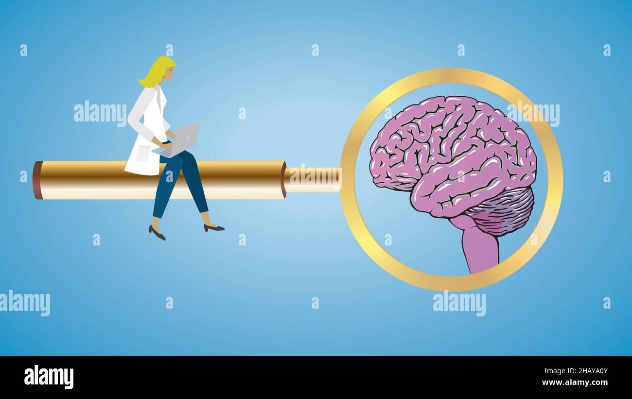 Concentrez-vous sur le cerveau.Femme assise sur une loupe dorée.Scientifique, chercheur, soins de santé, étudiant.Illustration vectorielle.EPS10.Dimension 16:9. Illustration de Vecteur