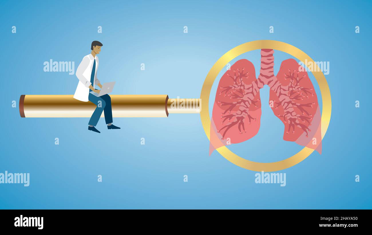 Concentrez-vous sur les poumons.Homme assis sur une loupe dorée avec un ordinateur portable.Illustration vectorielle.EPS10. Illustration de Vecteur