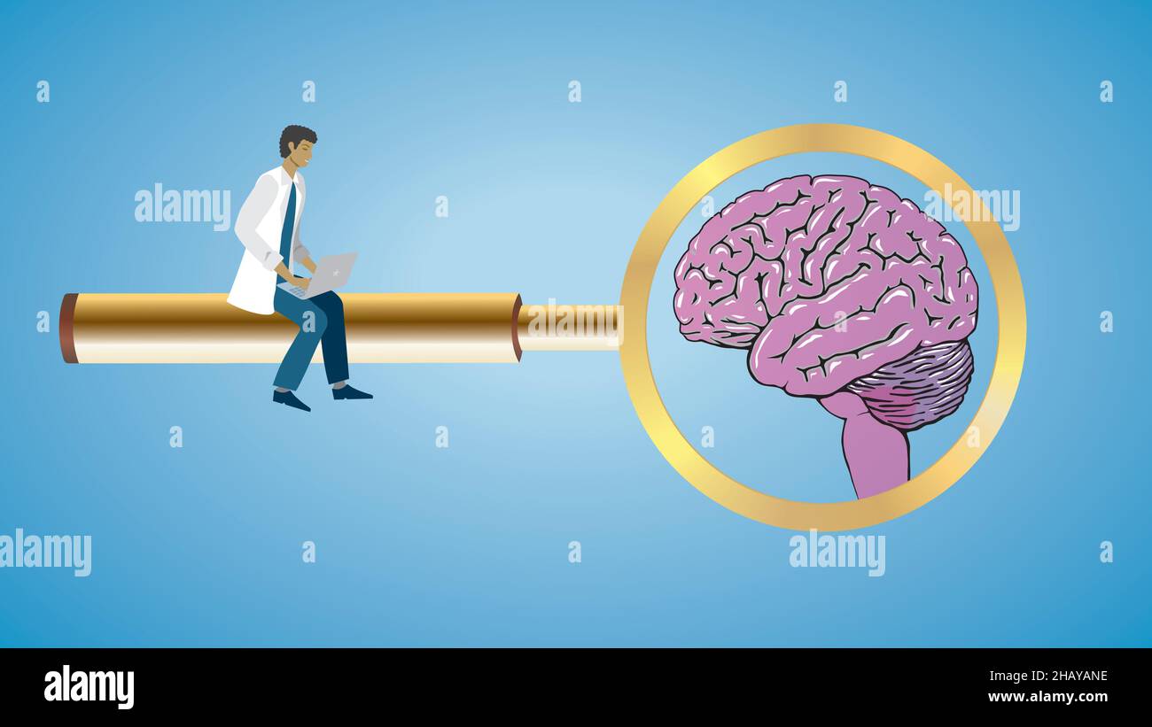 Concentrez-vous sur le cerveau.Scietist, étudiant, chercheur, médecin, homme de santé assis sur une loupe dorée.Illustration vectorielle.EPS10. Illustration de Vecteur