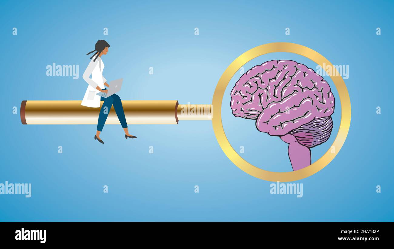 Concentrez-vous sur le cerveau.Femme assise sur une loupe dorée.Scientifique, personnel de santé, étudiant ou chercheur.Illustration vectorielle.Dimension 16:9. Illustration de Vecteur