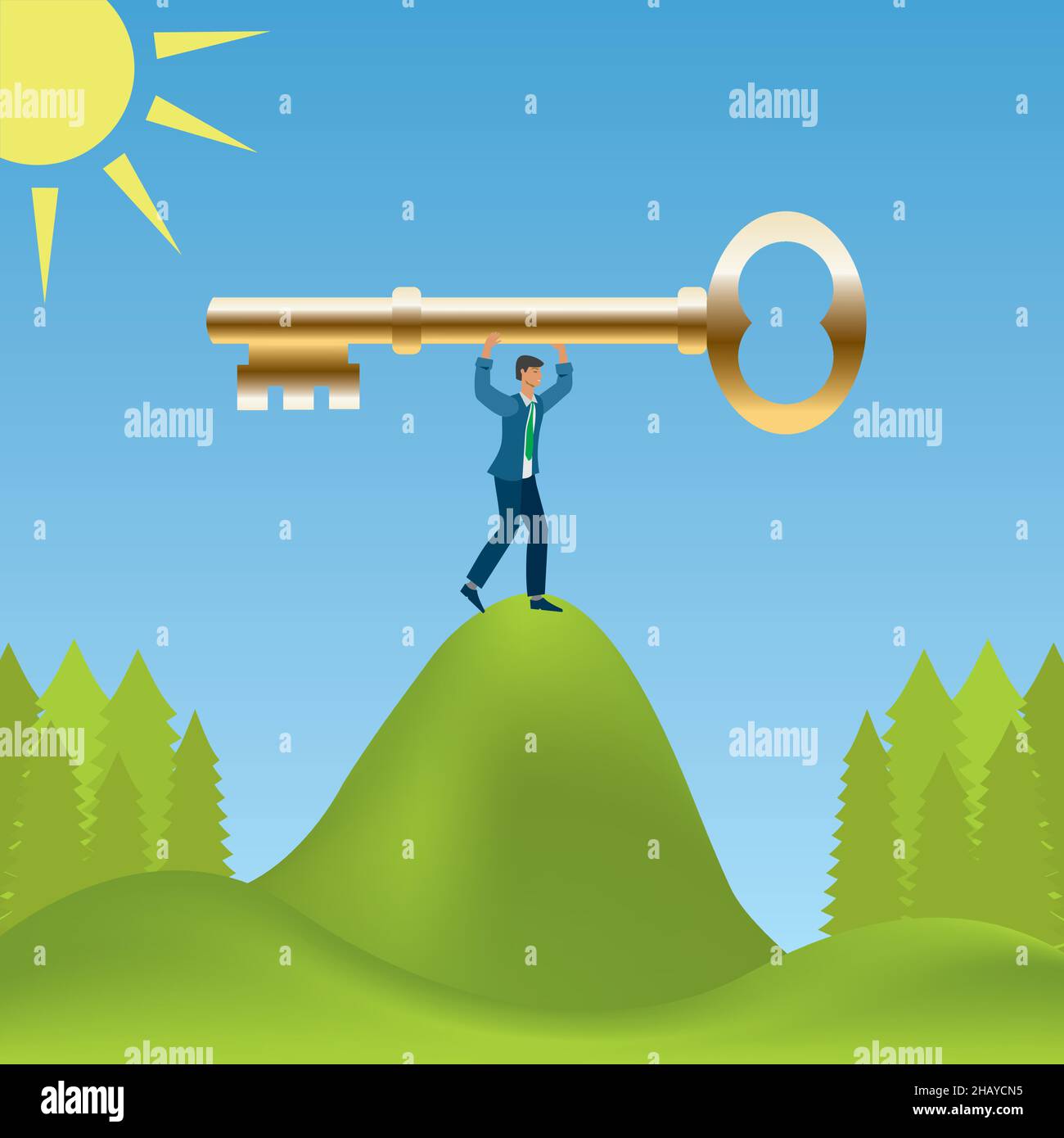 Homme avec clé dorée au sommet de la colline.Illustration vectorielle.EPS10. Illustration de Vecteur