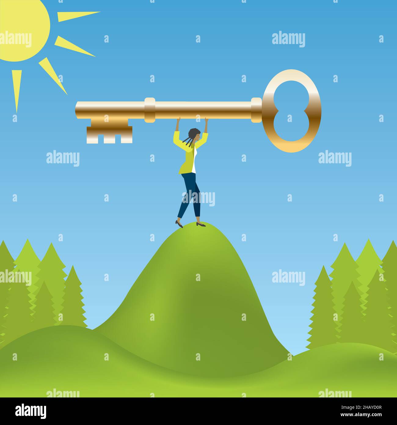 Femme au sommet d'une colline verte, levant la clé dorée.Illustration vectorielle.EPS10. Illustration de Vecteur