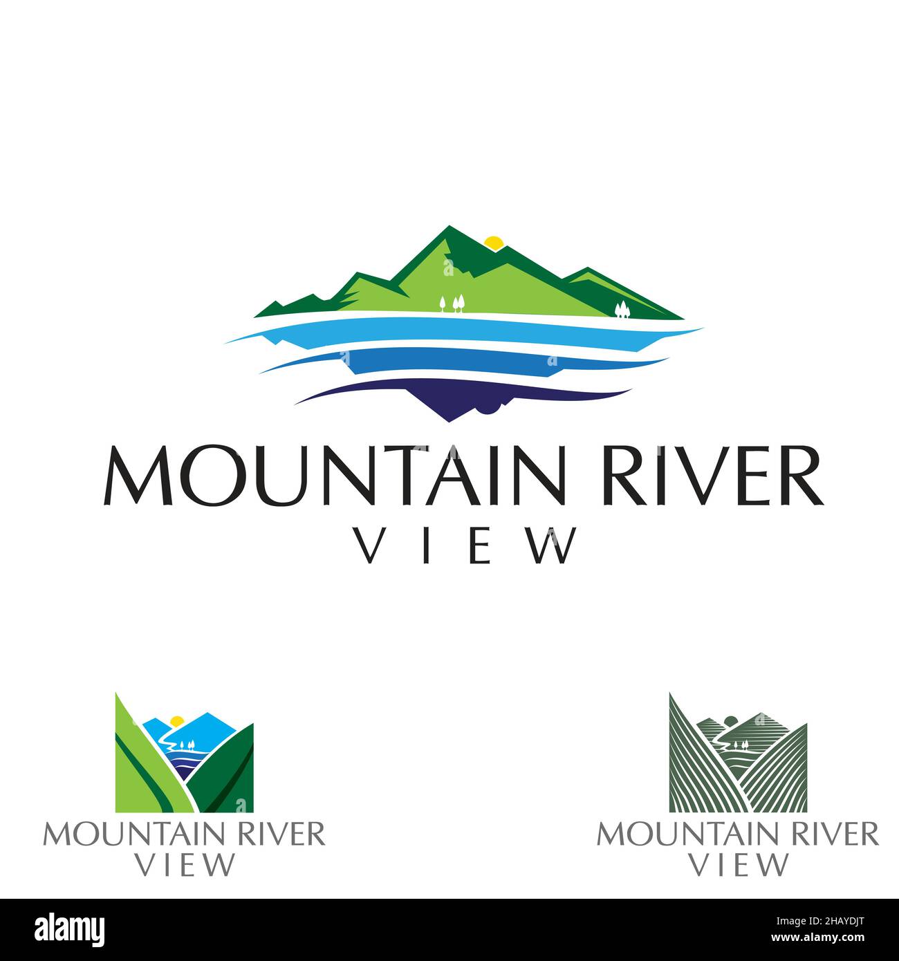 Ensemble de logos avec vue sur la montagne et la rivière, simple et moderne Illustration de Vecteur