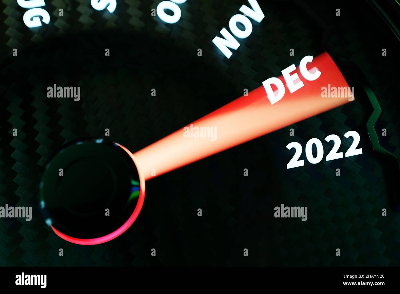 Illustration 3D gros plan instrument panneau automobile avec compteur de vitesse, tachymètre, qui dit Joyeux Noël 2021, 2022.Le concept de la nouvelle année Banque D'Images