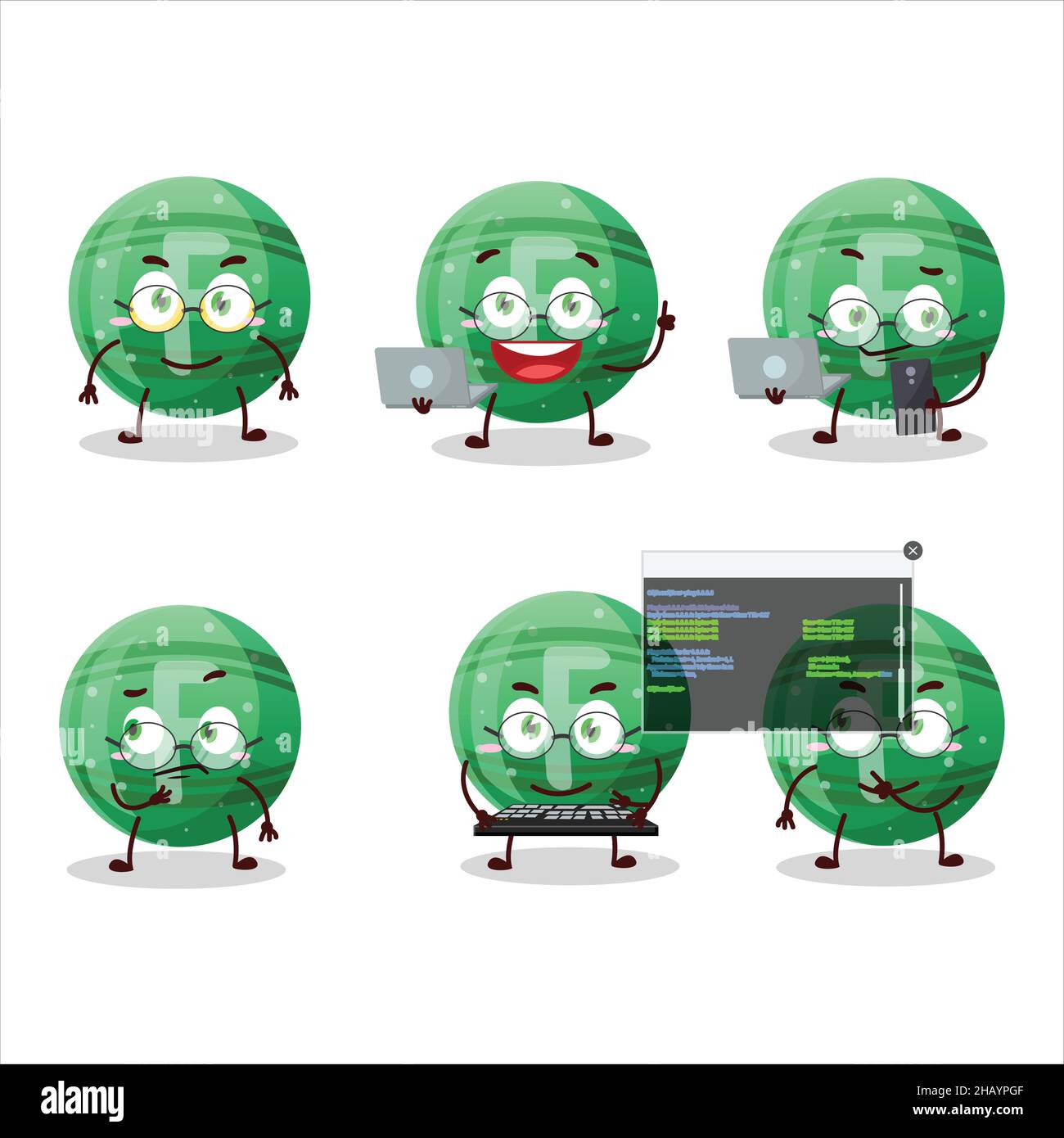 Bonbon vert F Programmer mignon personnage de dessin animé avec.Illustration vectorielle Illustration de Vecteur