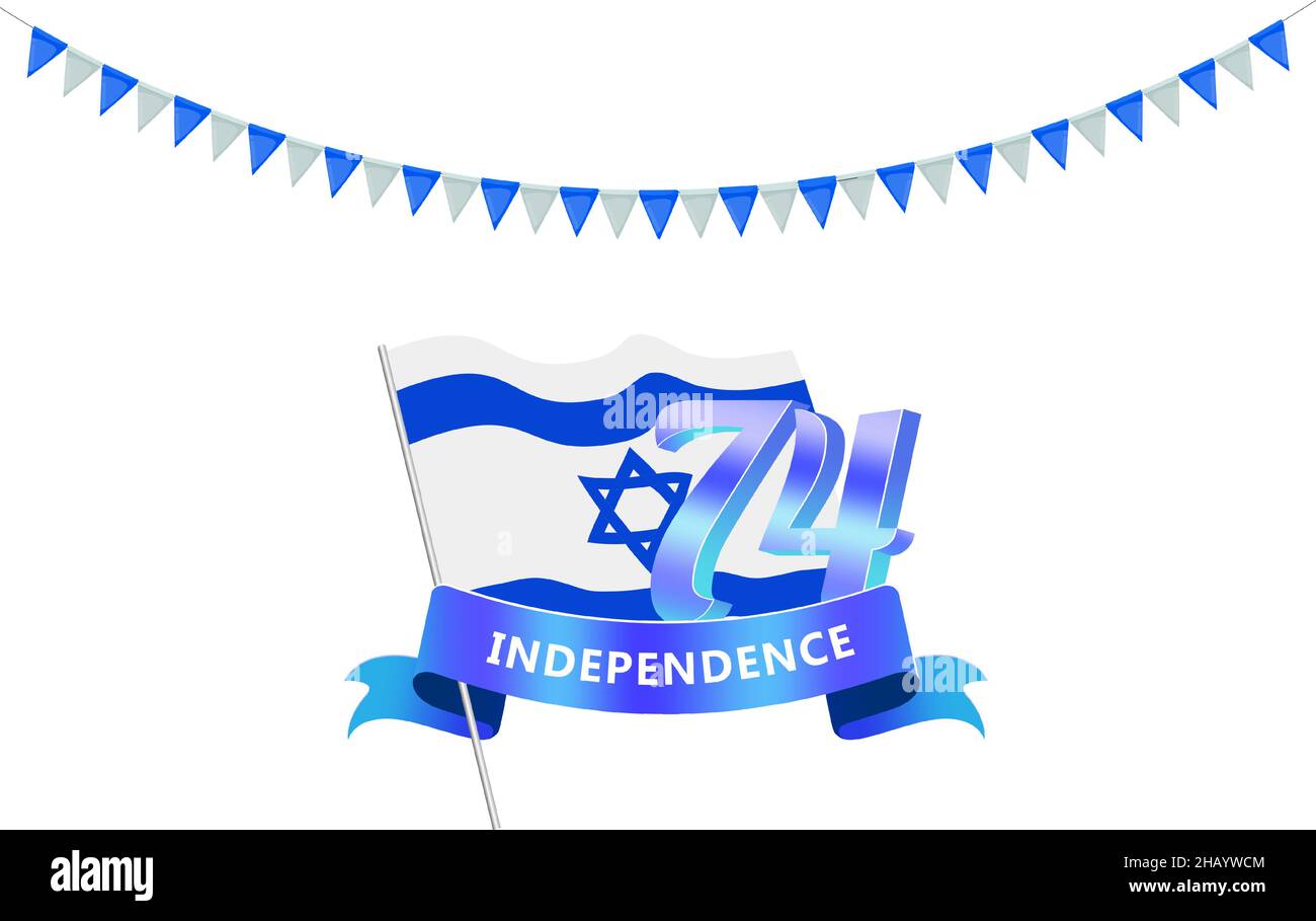 Journée de l'indépendance d'Israël 74 ans.Bannière avec drapeau isolé sur blanc.Illustration vectorielle. Illustration de Vecteur
