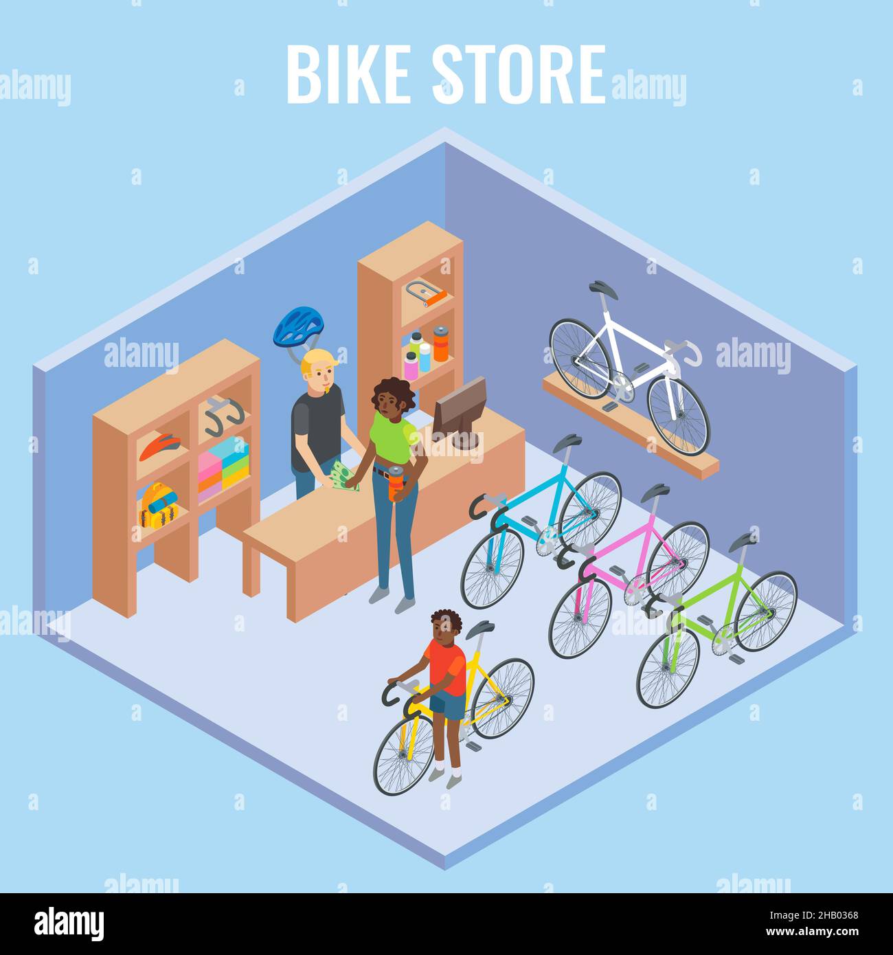 Illustration du concept d'atelier de vélo vue en coupe isométrique Vector 3D.Vue en coupe de l'intérieur du magasin de vélos avec le vendeur et les acheteurs. Illustration de Vecteur