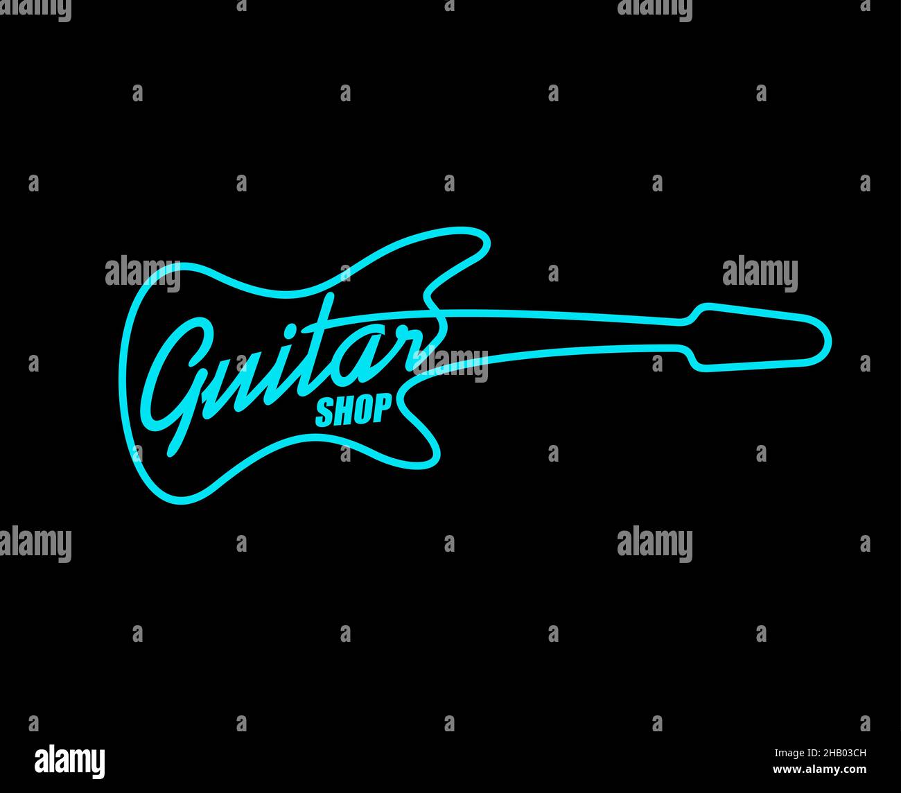 Enseigne au néon ou icône vectorielle de la boutique de guitare acoustique.Boutique de musique instrument bleu lumière brillante panneau sur fond noir, brillant lumineux gaz rempli tu Illustration de Vecteur