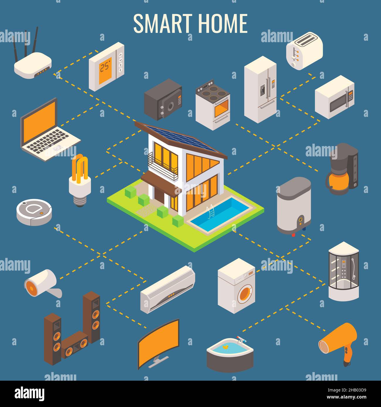 Smart Home concept Vector Flat 3D illustration isométrique avec maison ou chalet au centre et appareils électroménagers et électronique grand public autour de lui. Illustration de Vecteur