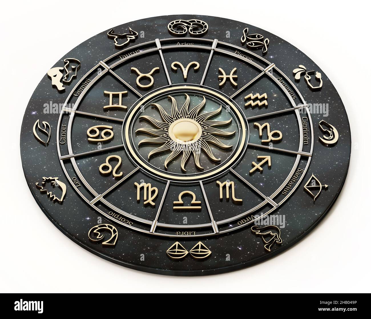 La roue de l'horoscope avec les signes du zodiaque et les constellations du zodiaque.3D illustration. Banque D'Images