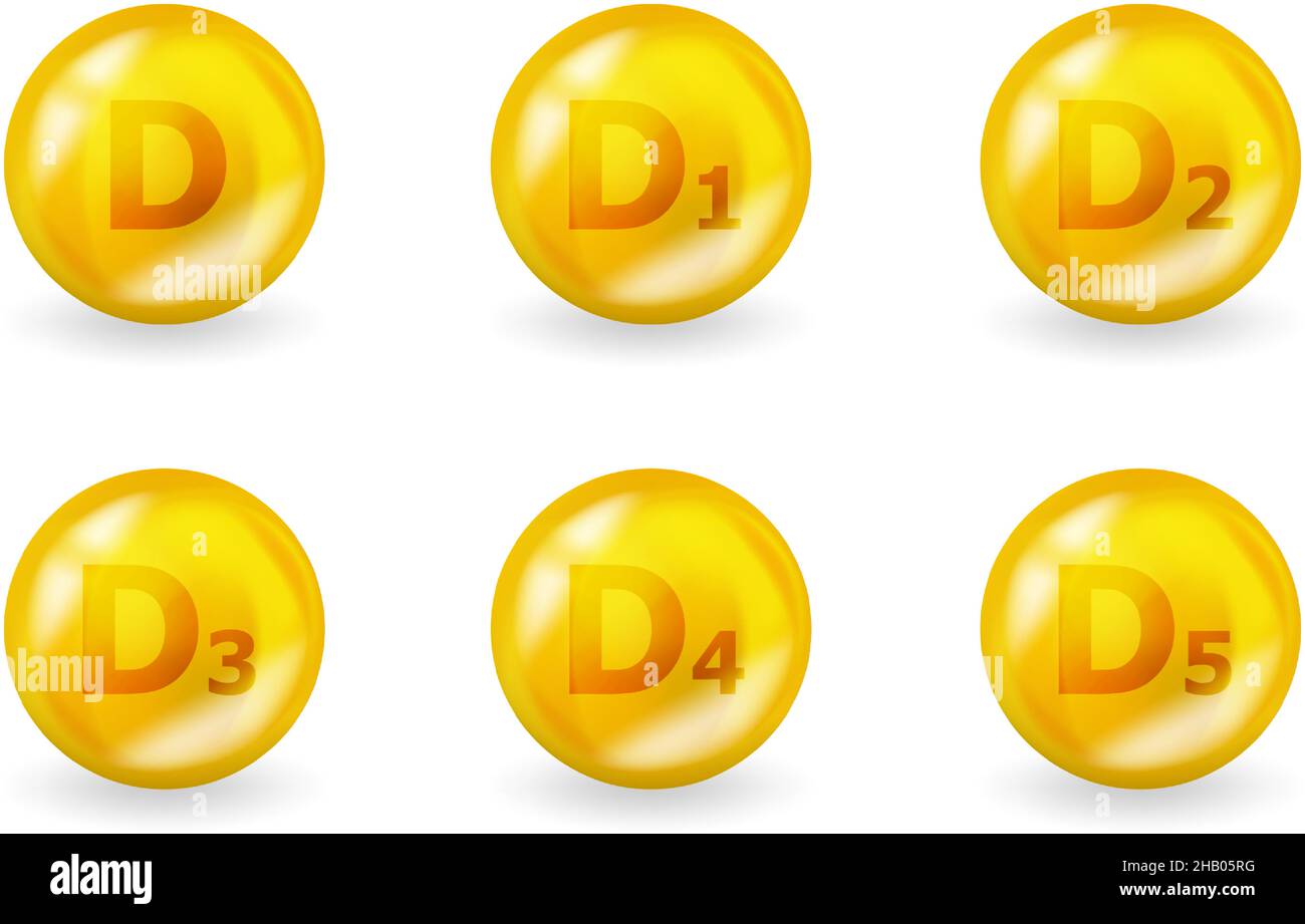 Ensemble de complexe de vitamine D.Vitamines D1, D2, D3, D4, D5 et  plus.Concept d'illustration de supplément de multivitamines.Motif  multivitamines jaunes Image Vectorielle Stock - Alamy