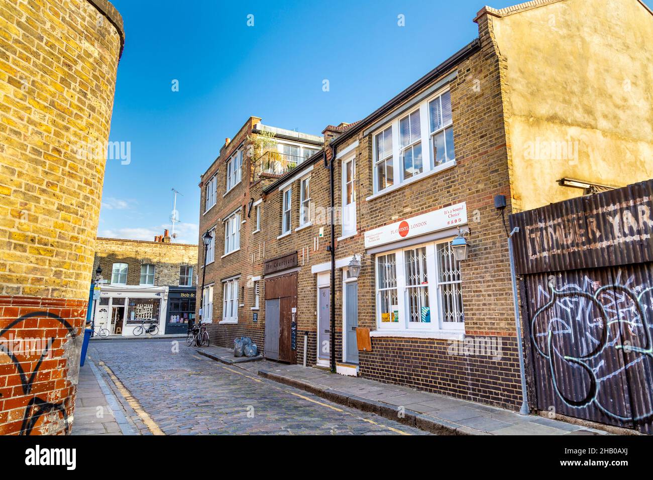 Rue pavée Ezra Street à Bethnal Green, Londres, Royaume-Uni Banque D'Images