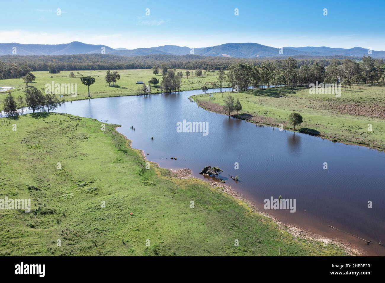 Vue aérienne du fleuve Myall et des terres agricoles de Bulahdelah - Nouvelle-Galles du Sud Australie Banque D'Images
