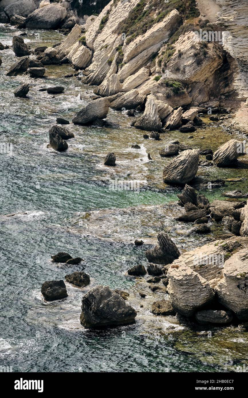 Photo hypnotique d'un bord de mer recouvert de mousse et de rochers Banque D'Images