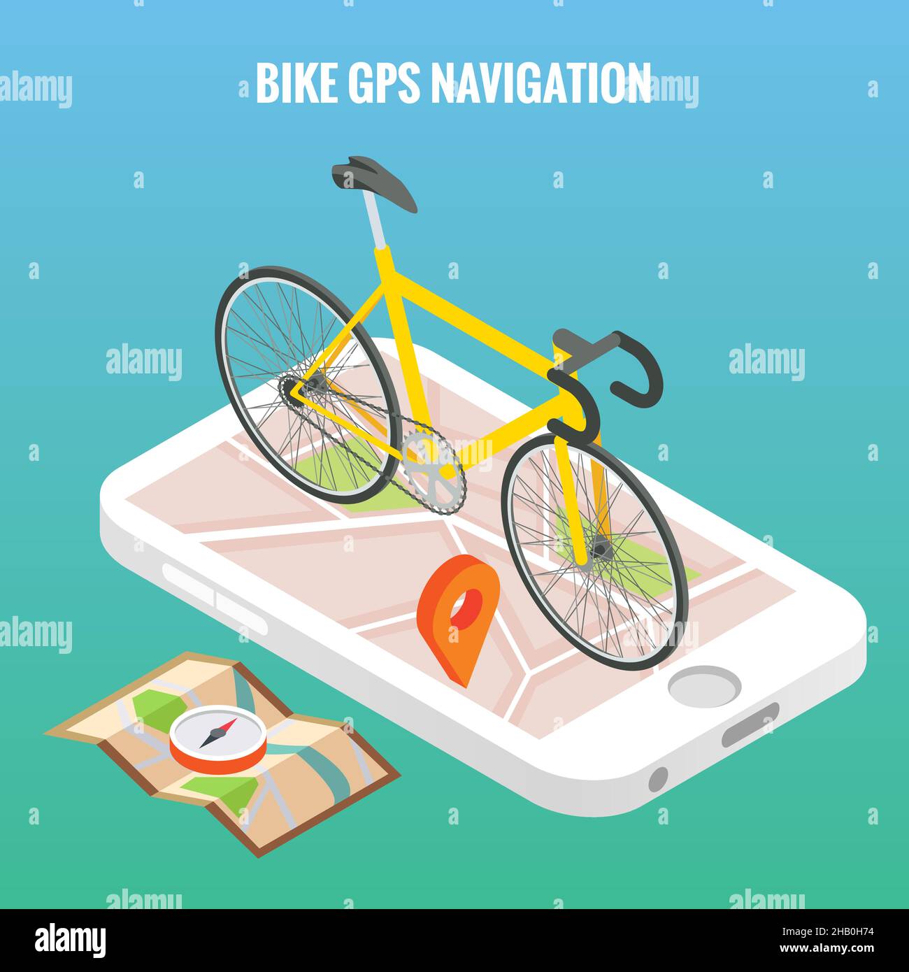 Poster de concept de navigation urbaine à vélo en style vectoriel isométrique.Vélo sur un écran de téléphone mobile.Carte en ligne sur smartphone Illustration de Vecteur