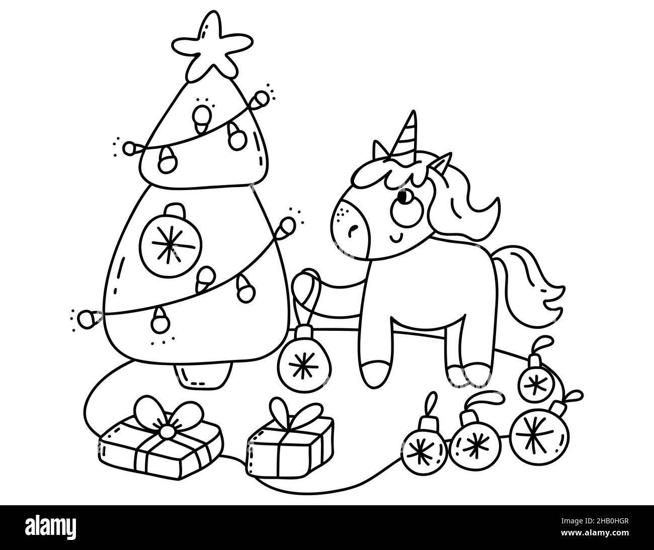 Page du livre de coloriage de Noël.UNICORN avec nouvelle page de livre de coloriage d'arbre d'année. Banque D'Images