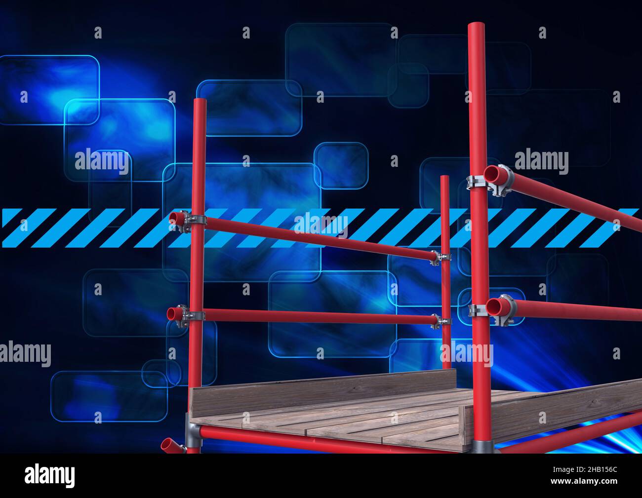 Poteaux d'échafaudage contre plusieurs formes carrées sur fond bleu Banque D'Images