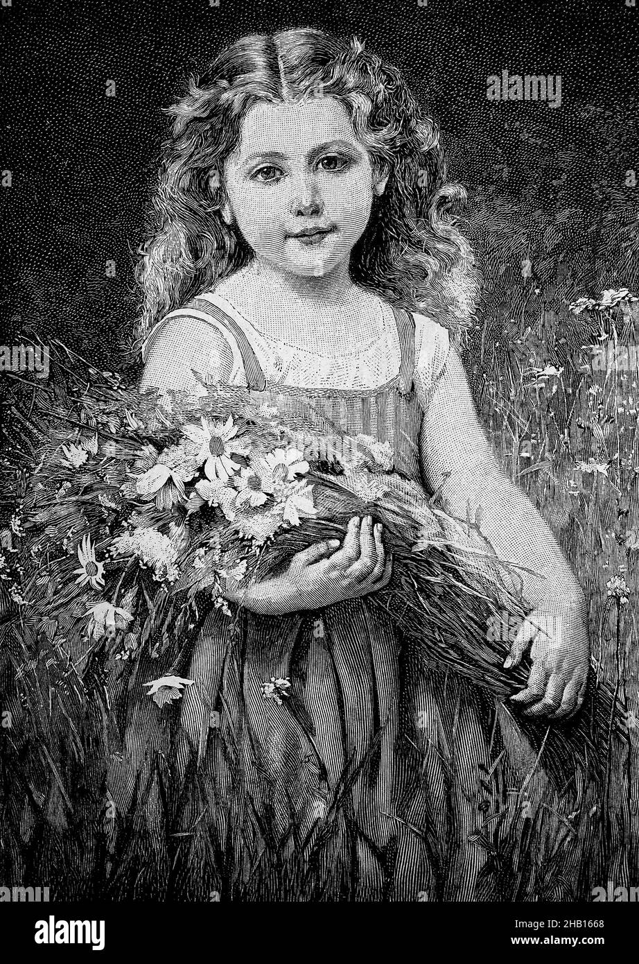 Jeune fille avec un bouquet de fleurs de champ / junges Mädchen mit einem FeldBlumenstrauß, Historisch, historique, numérique amélioration de la reproduction d'un original du 19th siècle / Digital restaurierte Reproduktion einer Originalvorlage aus dem 19.Jahrhundert, Originaldatum nicht bekannt Banque D'Images