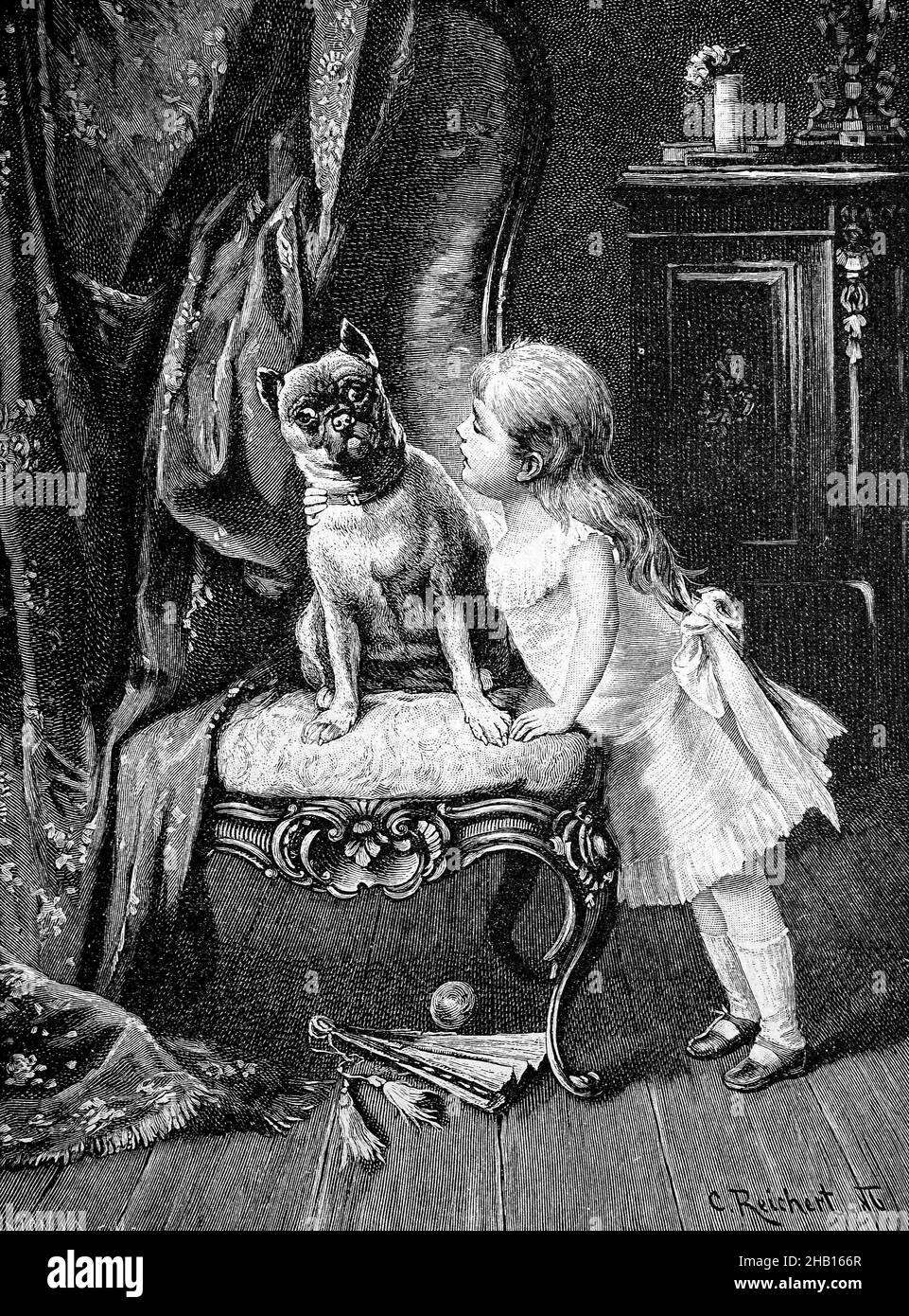 Fille et chien de compagnie, le chien dos loin des avances de l'enfant / Mädchen und Haushund, der Hund weicht vor den Annäherungsversuchen des Kindes zurück, Historisch, historique, numérique amélioration de la reproduction d'un original du 19th siècle / Digital restaurierte Reproduktion einer Originallage voraus dem 19.Jahrhundert, Originaldatum nicht bekannt Banque D'Images