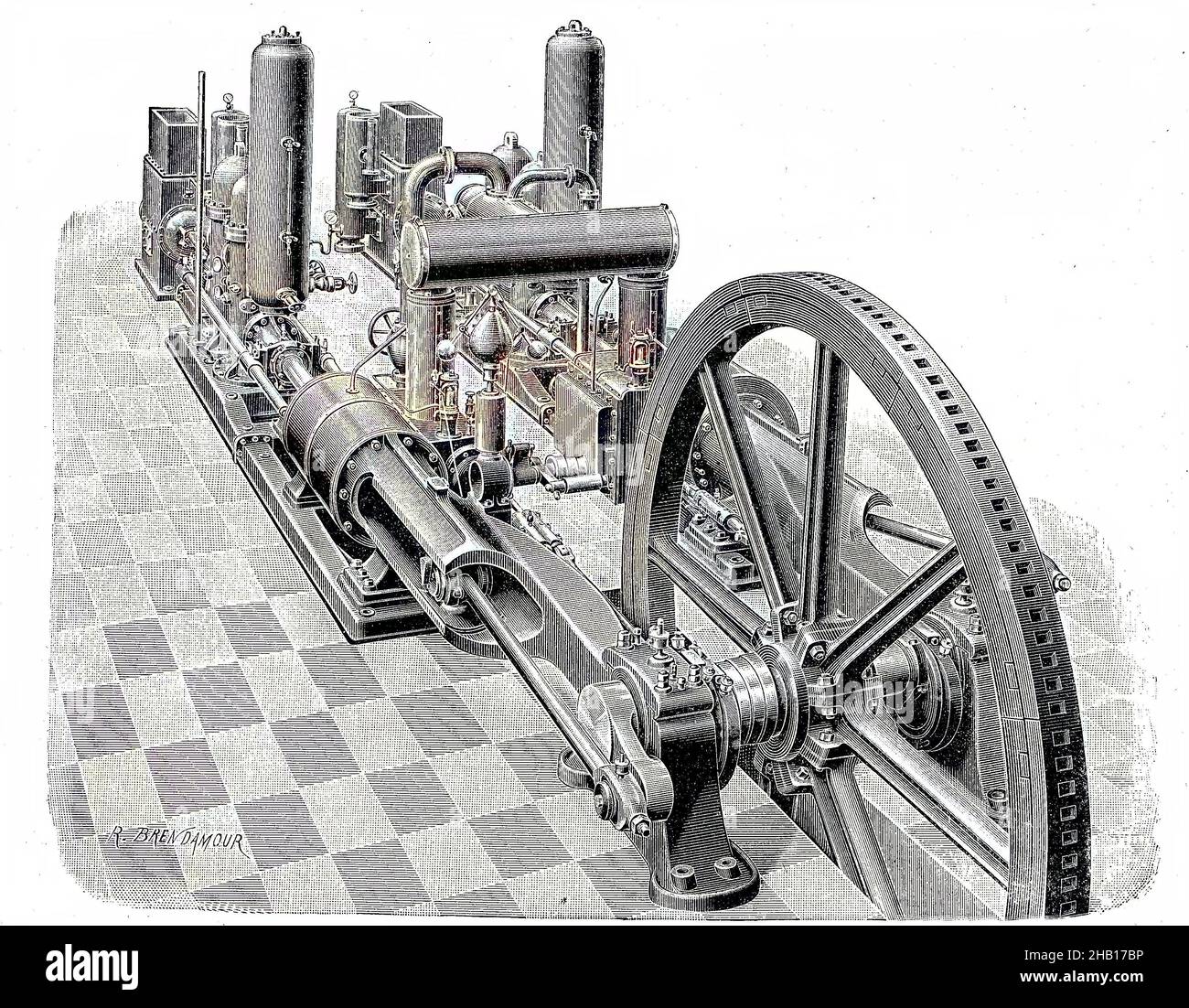 Machines d'assèchement souterraines à grande vitesse, illustration d'une machine d'assèchement combinée avec pompes à double effet par Erhardt & Sehmer à Schleifmühle-Saarbrücken, Allemagne / Schnelllaufende Untertage-Entwässerungsmaschinen, Abbildung einer kombinierten Entwässerungsmaschine, Allemagne, Ertwäsmachten und Schlechine, in der-Sehömbringen, in der, Schützen, Schlehen, Schlehen, in der-der-und der-der, Schlehen. Digital reproduction améliorée d'un original du 19ème siècle / digitale Reproduktion einer Originalvorlage aus dem 19. Jahrhundert, Originaldatum nicht bekannt, Kolorierung, koloriert, handkoloriert, Coloriage à la main Banque D'Images