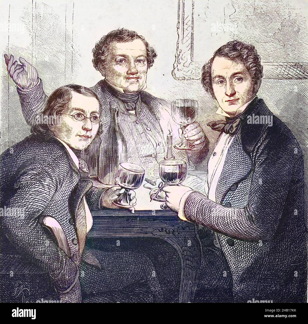 À gauche, Karl Herlosssohn, Borromaeus Sebastian Georg Karl Reginald Herloss, 1er septembre 1804 -10. Décembre 1849, est un écrivain, journaliste et encyclopédiste allemand, au milieu, Gotthelf Leberecht Berthold, 1796 - 1851, Était un chanteur d'opéra, acteur de théâtre et comédien allemand, à droite, Gustav Albert Lortzing, 23 octobre 1801 - 21 janvier 1851, était un compositeur allemand, librettiste, acteur, chanteur et chef d'orchestre / liens, Karl Herlossohn, Borromaeus Sebastian Georg Karl Reginald Herloss, 1. Septembre 1804 -10. Dezember 1849, war ein deutscher Schriftsteller, journaliste und Enzyklopädist, in der Banque D'Images