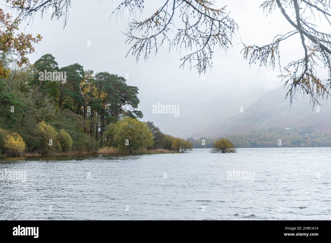 Vue de Derwentwater (Derwent Water) dans le Lake District, un jour de novembre brumeux avec des couleurs d'automne, Cumbria, Angleterre, Royaume-Uni Banque D'Images