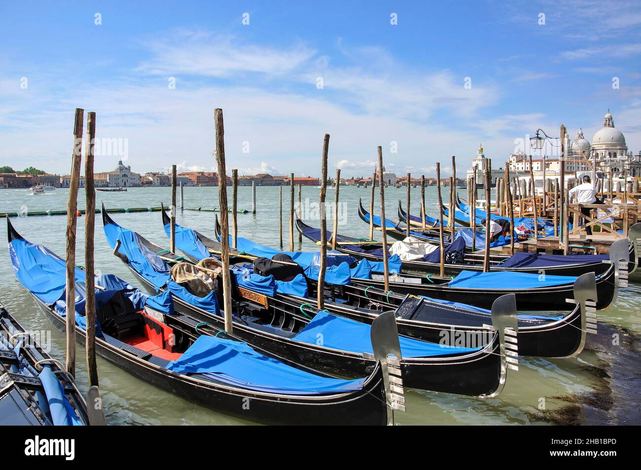 Gondoles amarrées sur le front de mer, Grand Canal, Venise (Venise), Vénétie, Italie Banque D'Images
