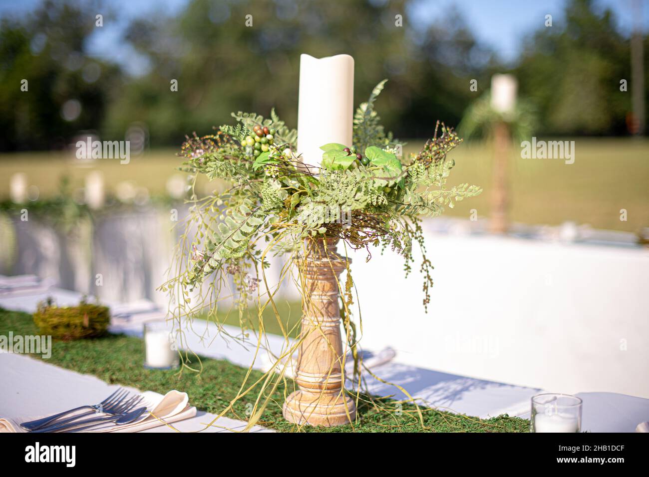 Pièce centrale en bois sculpté avec plantes vertes au centre de la table lors de la réception de mariage Banque D'Images