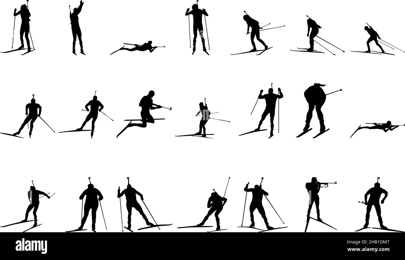 Ensemble de silhouette de biathlon.Silhouettes noires hautes en détails et lisses des athlètes de biathlon.Illustration vectorielle. Illustration de Vecteur