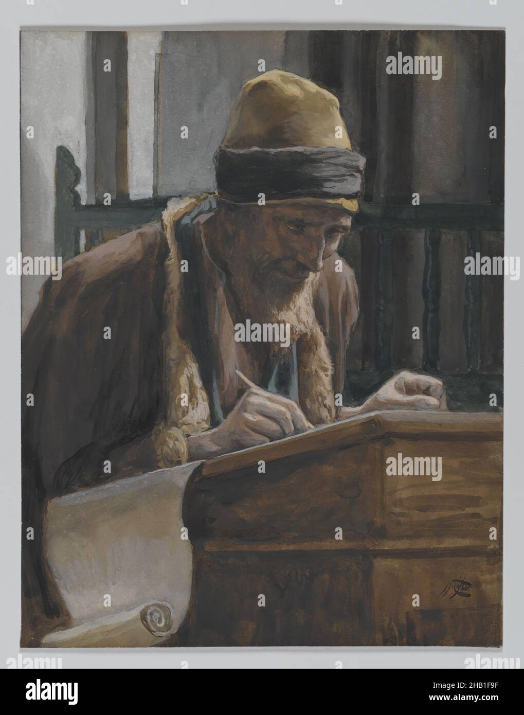 Saint Marc, Saint Marc, la vie de notre Seigneur Jésus-Christ, la vie de notre-Seigneur Jésus-Christ, James Tissot, Français, 1836-1902, aquarelle opaque sur graphite sur papier vélin gris, France, 1886-1894, image: 6 x 4 5/8 po, 15,2 x 11,7 cm, 19th siècle, barbe biblique, personnage, Christian,bureau, desséché, évangéliste, français, gospel,chapeau, Marc, Mark, vieil homme, peinture,saint, Saint-Marc, saints, scribe, scroll,Tissot, aquarelle, hiver, écriture Banque D'Images