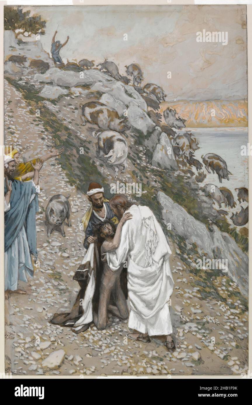 Le Swine conduit dans la mer, les porcs précipités dans la mer, la vie de notre Seigneur Jésus Christ, la vie de notre-Seigneur Jésus-Christ, James Tissot, Français, 1836-1902, aquarelle opaque sur graphite sur papier vélin gris, France, 1886-1896, image:10 3/16 x 6 11/16 po, 25,9 x 17 cm, Bible, biblique, catholicisme, Christ,Christianisme, chiffres, français, Jésus, légion,Marc 5:11-13, Matthieu 8:30-34, Nouveau Testament, religion, religieux Banque D'Images
