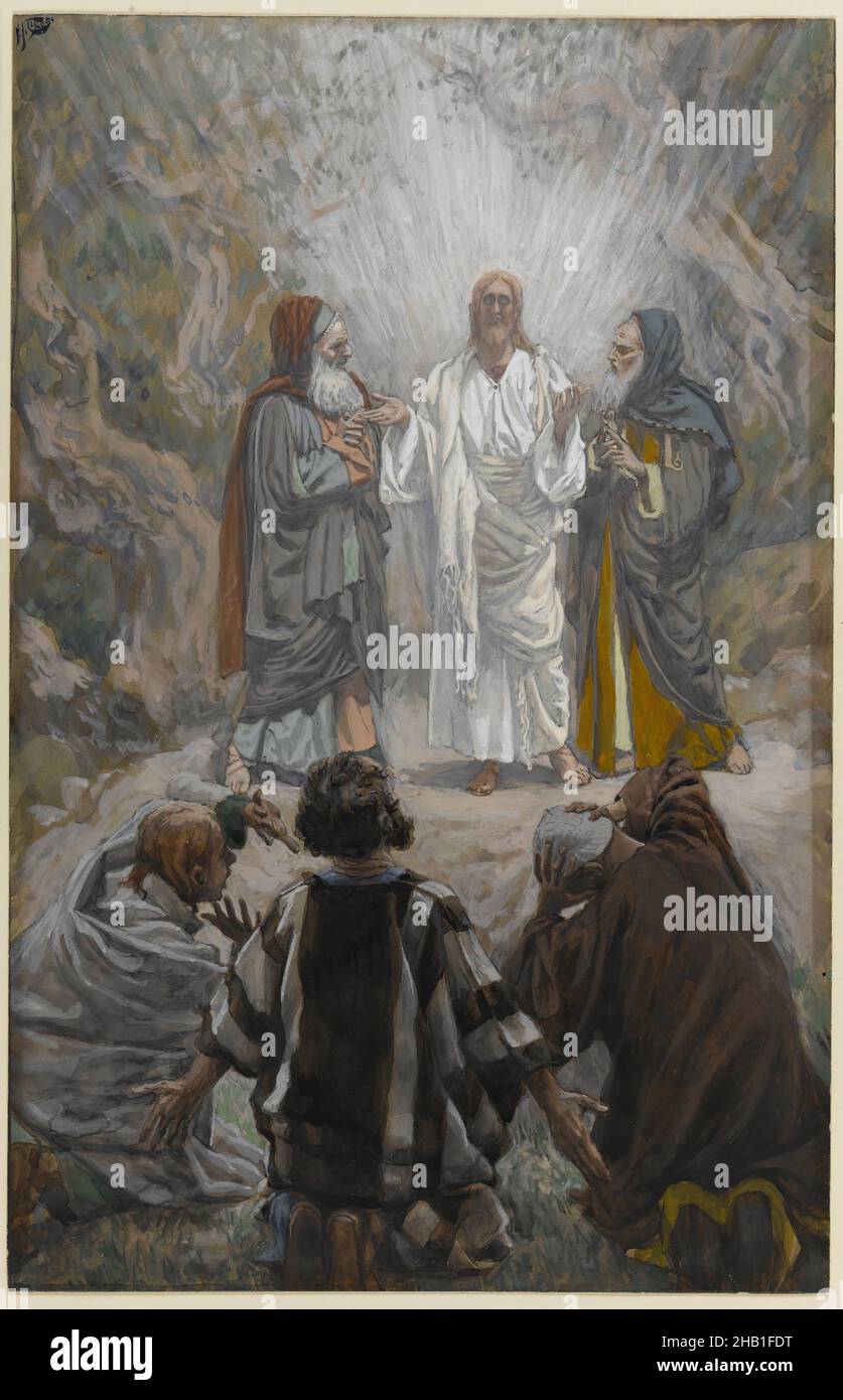 La Transfiguration, la transfiguration, la vie de notre Seigneur Jésus-Christ, la vie de notre-Seigneur Jésus-Christ, James Tissot, Français, 1836-1902, aquarelle opaque sur graphite sur papier vélin gris, France, 1886-1896, image: 9 1/2 x 6 1/16 po, 24,1 x 15,4 cm, apôtres, Awe, Bible, biblique,Catholicisme, Christ, Christianisme, divin, Élie,Peur, français, lueur, Dieu, illuminé,Jésus, messie, Moïse, Nouveau Testament, religion,Religieux, Tissot, Transfiguration, merveille Banque D'Images