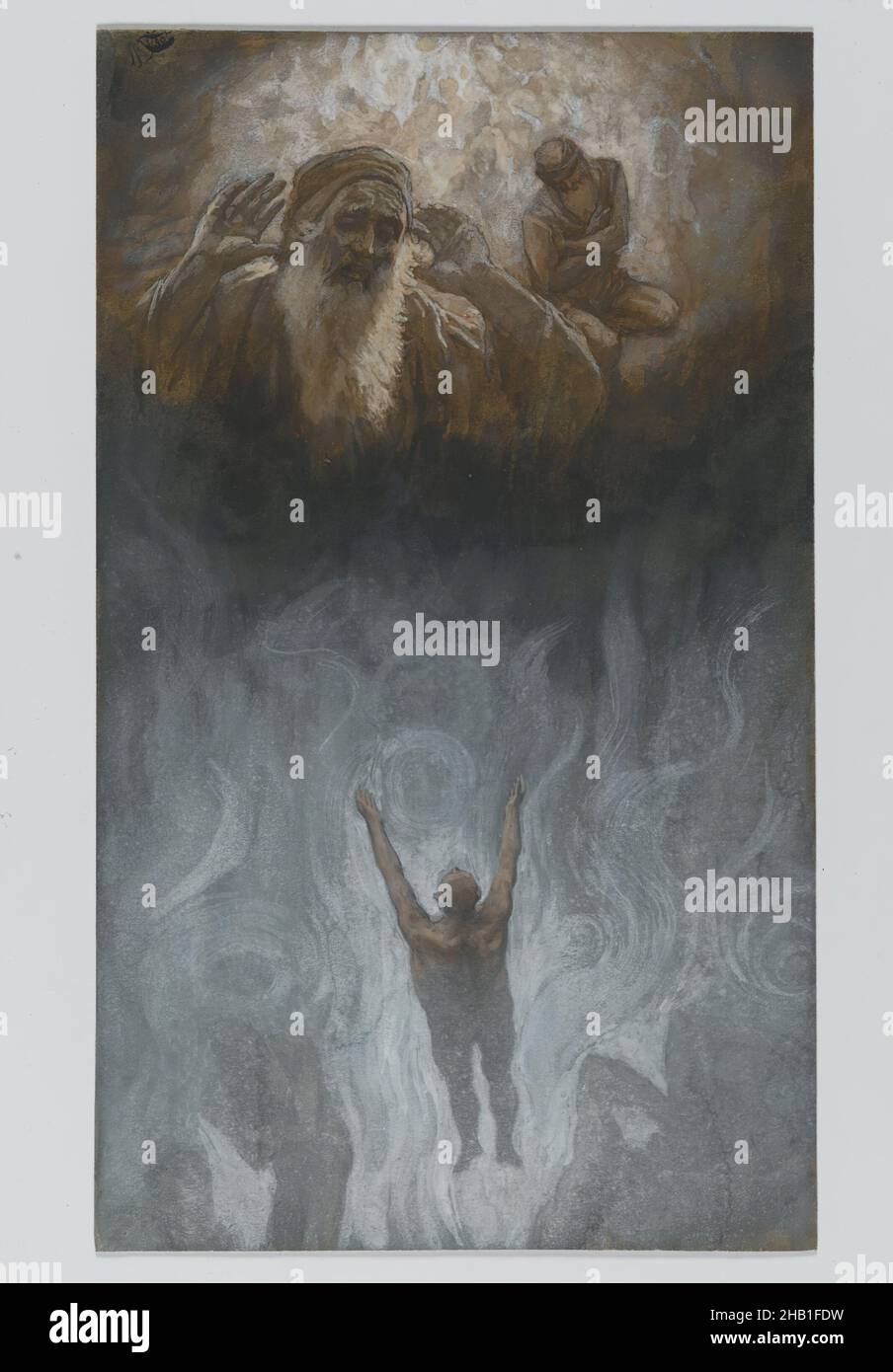 Le Bad Rich Man in Enfer, le mauvais riche dans l'Enfer, la vie de notre Seigneur Jésus Christ, la vie de notre-Seigneur Jésus-Christ, James Tissot, Français, 1836-1902, aquarelle opaque sur graphite sur papier vélin gris, France, 1886-1894, image :8 13/16 x 5 3/16 po, 22,4 x 13,2 cm, barbe, barbu, Bible, biblique,damnation, chute, flammes, culpabilité, enfer,Illustration, jugement, justice, Nouveau Testament, parabole,Perdition, châtiment, rétreat, religion, religieux,Riche, péché, pécheur, sinistre, Tissot,aquarelle Banque D'Images