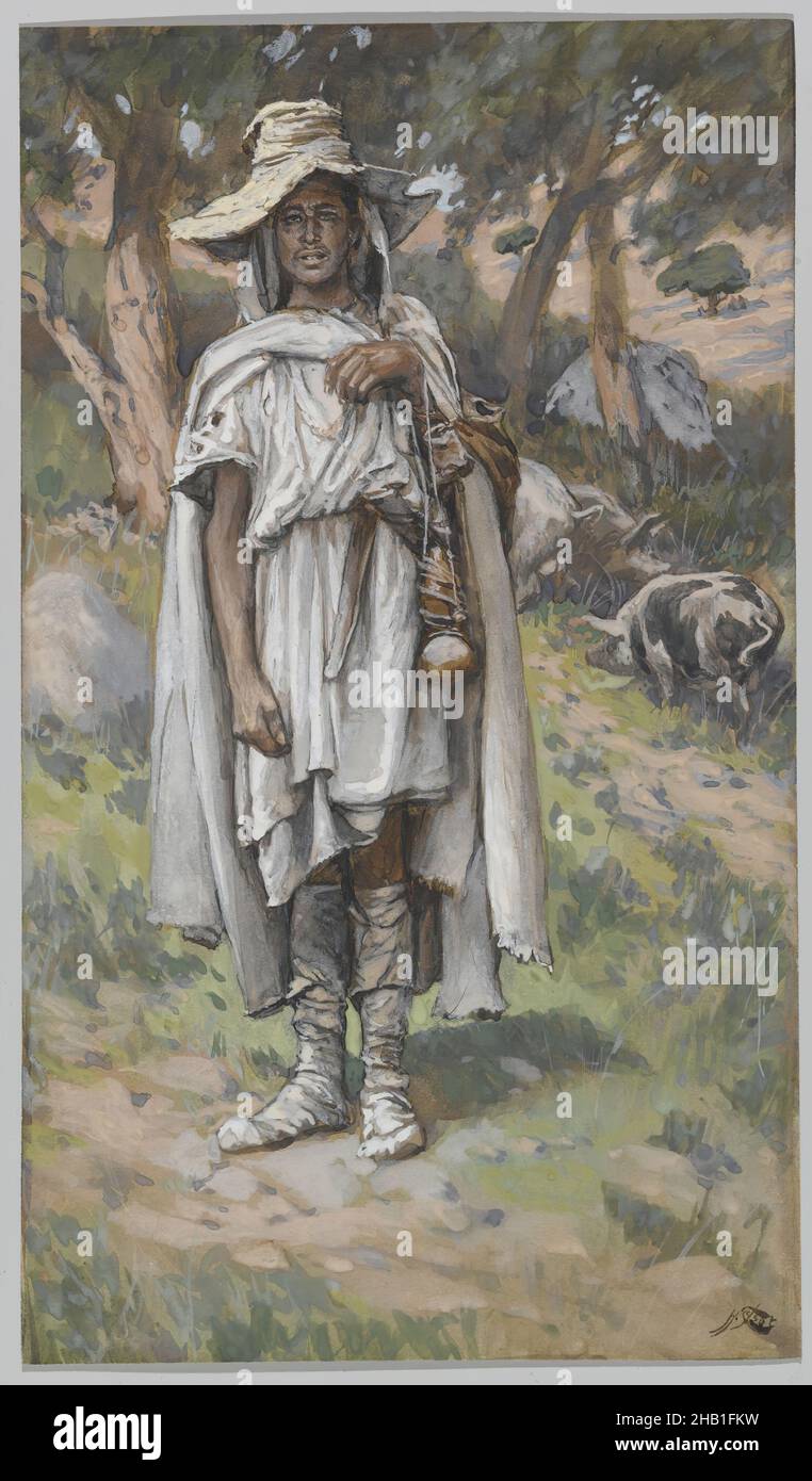 Le fils prodigue, l'enfant prodigue, la vie de notre Seigneur Jésus-Christ, la vie de notre-Seigneur Jésus-Christ, la vie de notre-Seigneur Jésus-Christ, James Tissot, français, 1836-1902, aquarelle opaque sur graphite sur papier vélin gris, France, 1886-1894, image: 7 15/16 x 4 5/8 po, 20,2 x 11,7 cm, chapeau d'art, paysage, chapeau français, art, art, portrait, portrait, portrait, art, portraitfigure masculine, montagne, cochon, déchiquetée, chiffons,Art religieux, rural, bergers, le fils prodigue, voyage,voyage, nature sauvage Banque D'Images