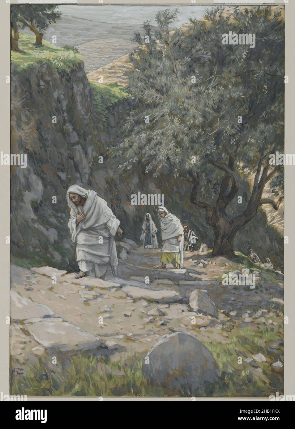 Il se rend à Éphraïm, il s'en alla à Éphrem, la vie de notre Seigneur Jésus Christ, la vie de notre-Seigneur Jésus-Christ, James Tissot, français, 1836-1902, aquarelle opaque sur graphite sur papier vélin gris, France, 1886-1896, image:8 3/4 x 6 1/16 po, 22,2 x 15,4 cm, Bible, biblique, catholicisme, Christ,Christianisme, chiffres, Français, Jésus, Jean 11:54,Nouveau Testament, peuple, religion, religieux, arbres Banque D'Images