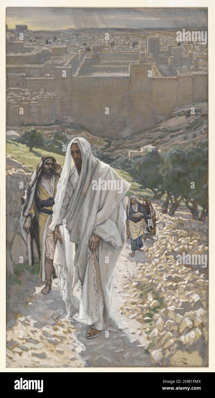Jésus va dans la soirée à Bethany, Jésus va le soir soir soir, le soir à Béthanie, la vie de notre Seigneur Jésus Christ, la vie de notre-Seigneur Jésus-Christ, James Tissot, Français, 1836-1902, aquarelle opaque sur graphite sur papier vélin gris, 1886-1894, image:9 3/16 x 5 3/16 po., 23,3 x 13,2 cm, Bible, biblique, catholicisme, Christianisme,Français, Jésus Christ, paysage, Marc 11:11, Nouveau Testament,Religion, religion, art religieux Banque D'Images