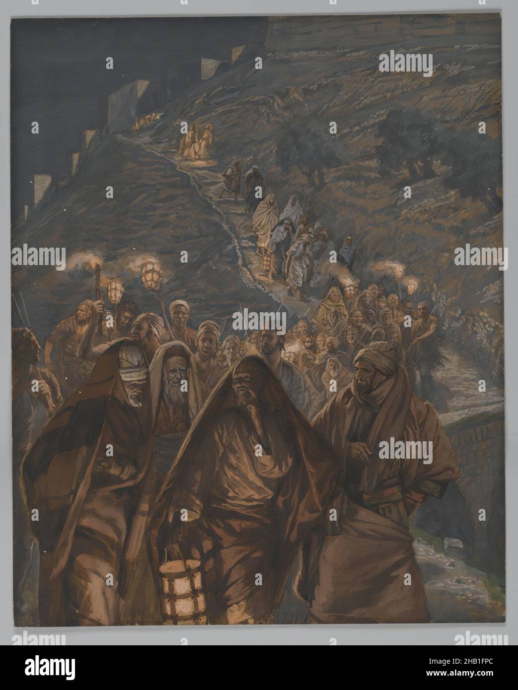 La procession de Judas, le cortège de Judas, la vie de notre Seigneur Jésus-Christ, la vie de notre-Seigneur Jésus-Christ, James Tissot, Français, 1836-1902, aquarelle opaque sur graphite sur papier vélin gris, France, 1886-1894, image: 10 13/16 x 8 11/16 po, 27,5 x 22,1 cm, bible, Christ biblique, catholicisme, Christ,Christianisme, Français, Jésus, judas, Marc 14:43,Matthieu 26:47, Nouveau Testament, peinture, procession, religion,Art religieux, aquarelle Banque D'Images