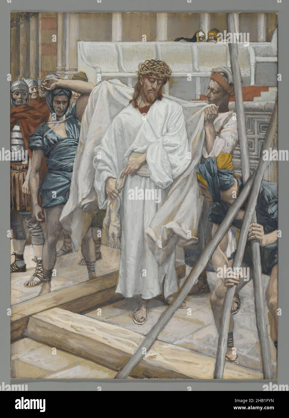 Ils l'ont vêtu de ses propres vêtements, sur remit à Jésus ses rêves, la vie de notre Seigneur Jésus Christ, la vie de notre-Seigneur Jésus-Christ, James Tissot, Français, 1836-1902, aquarelle opaque sur graphite sur papier vélin gris, France, 1886-1894, image:8 1/2 x 6 3/16 po, 21,6 x 15,7 cm, Bible, biblique, catholicisme, Christ,Christianisme, Français, Jésus, Matthieu 27:31, Nouveau Testament,Religion, religieuse Banque D'Images