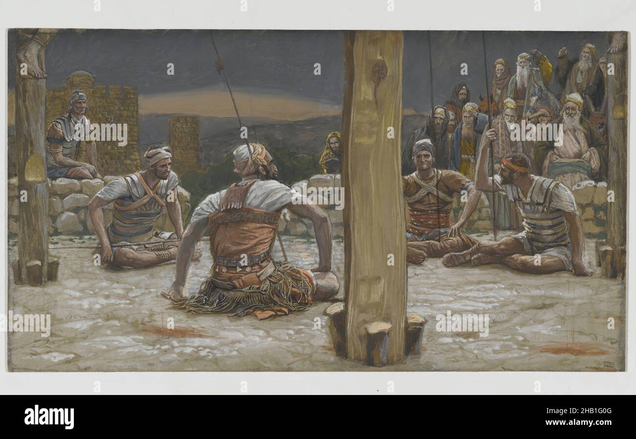 Les quatre gardes se sont cousus et l'ont regardé, les quatre gardes s'assirent et le jardin, la vie de notre Seigneur Jésus Christ, la vie de notre-Seigneur Jésus-Christ, James Tissot, Français, 1836-1902, aquarelle opaque sur graphite sur papier vélin gris, France, 1886-1894, image:5 3/4 x 10 3/8 po., 14,6 x 26,4 cm, Bible, biblique, catholicisme, Christianisme,Français, Matthieu 27:36, Nouveau Testament, religion, religieux Banque D'Images