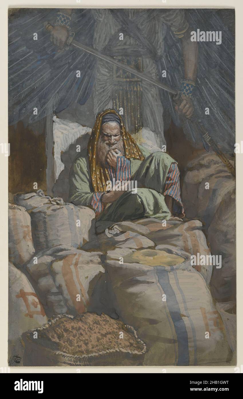 L'homme qui hoards, l'homme qui thésaure, la vie de notre Seigneur Jésus-Christ, la vie de notre-Seigneur Jésus-Christ, James Tissot, Français, 1836-1902, aquarelle opaque sur graphite sur papier vélin gris, France, 1886-1894, image: 7 7/8 x 5 1/16 po, 20 x 12,9 cm, sacs bibliques, catholicisme, biisme, ParisChrist, Christianisme, Français, Dieu, Jésus,Luc 12:16-21, homme, Nouveau Testament, religion, religieux,art religieux, épée, pensée Banque D'Images