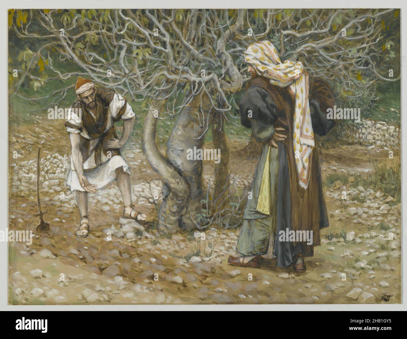 La vigne dresser et la Fig Tree, le vigneron et le figuier, la vie de notre Seigneur Jésus Christ, la vie de notre-Seigneur Jésus-Christ, James Tissot, Français, 1836-1902, aquarelle opaque sur graphite sur papier vélin gris, France, 1886-1894, image :5 3/4 x 7 5/8 po., 14,6 x 19,4 cm, Bible, biblique, catholicisme, Christianisme,fig, Français, Lovely, Luc 13:6-9, Nouveau Testament,Religion, religieux, arbre, arbres, en attente,aquarelle Banque D'Images