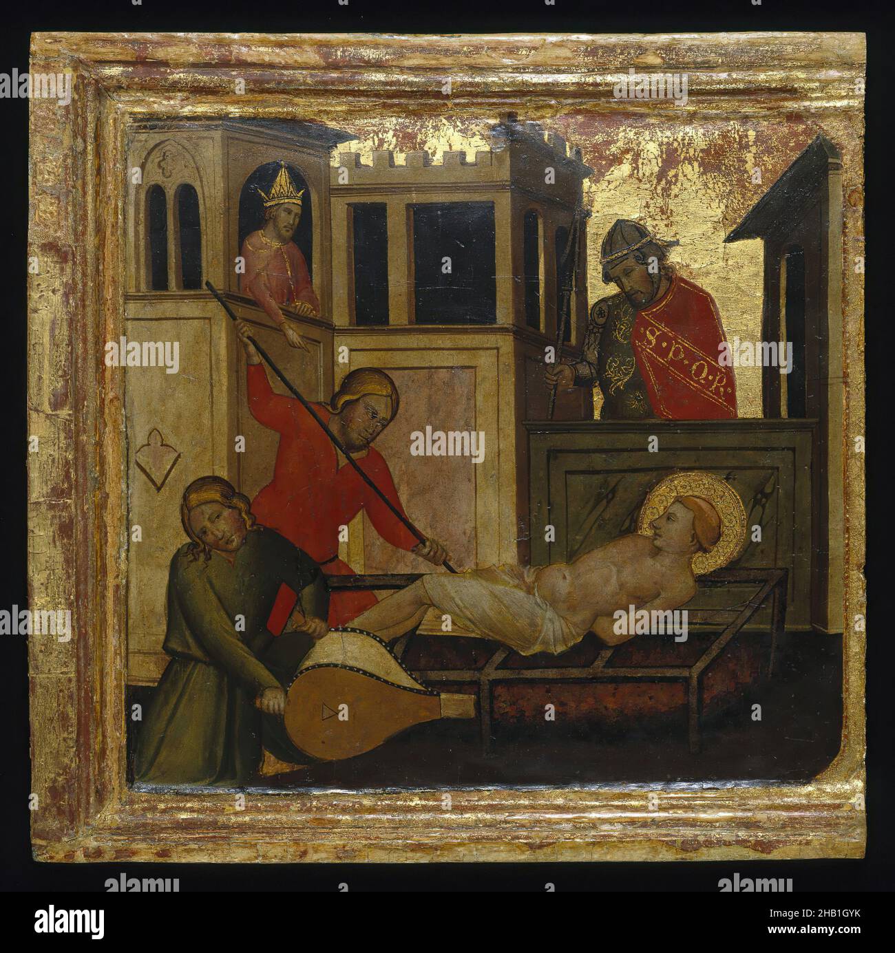 Le martyre de Saint-Laurent, scènes de la vie de Saint-Laurent, predella, Lorenzo di Niccolò, italien, florentin,Documenté 1393-1412, Tempera et or à outils sur panneau de peuplier, Italie, ca.1412, 12 7/8 x 14 3/16 po, 32,7 x 36 cm, soufflets, charbons, dîner, goire,chevalier, médiéval, Quattrocento, saint, saint-laurent,torture Banque D'Images