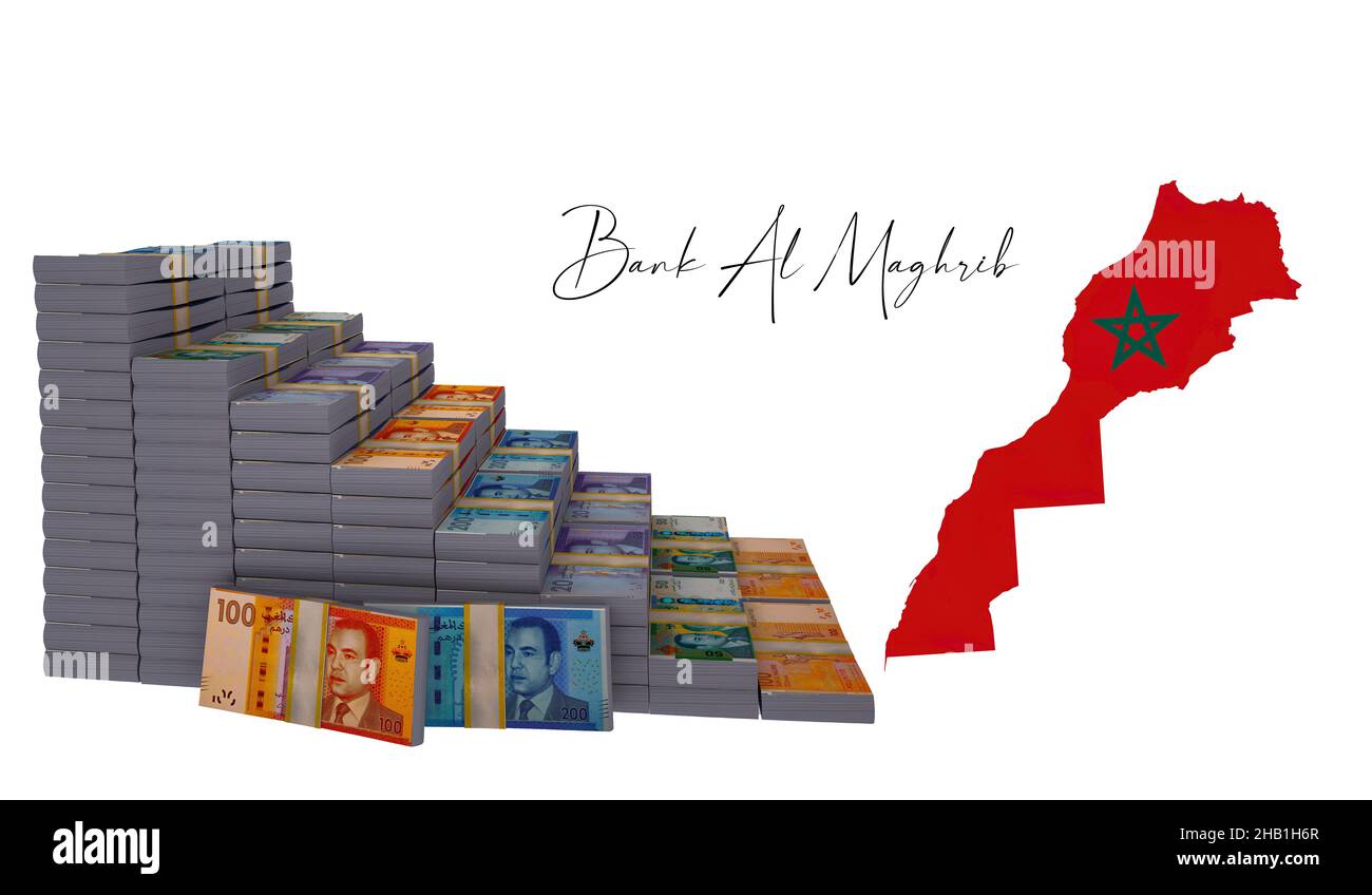 Graphique des piles d'argent.Deux cent cent dirhams marocains.3D illustration. Banque D'Images