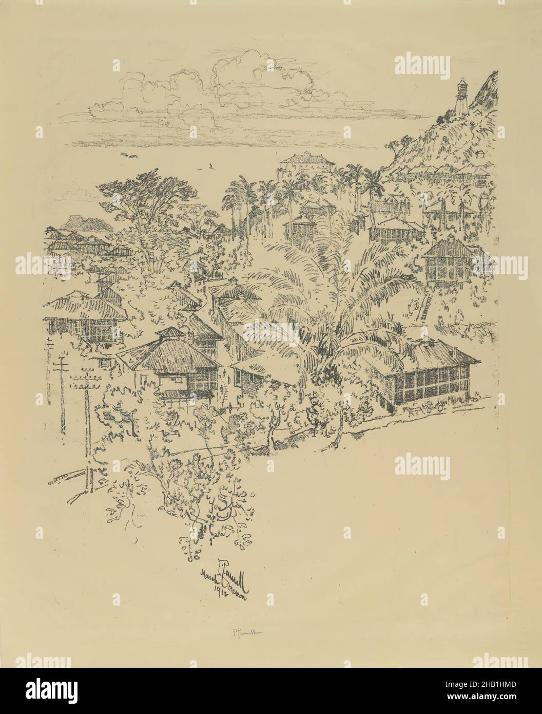 Ancon officielAdministration Buildings, Joseph Pennell, cuisine américaine, 1860-1926, Lithographie,1912, composition : 20 11/16 x 16 7/8 po, 52,5 x 42,8 cm, architecture, génie civil, construction, jungle,Amérique latine, Panama, Canal de Panama, tropiques Banque D'Images