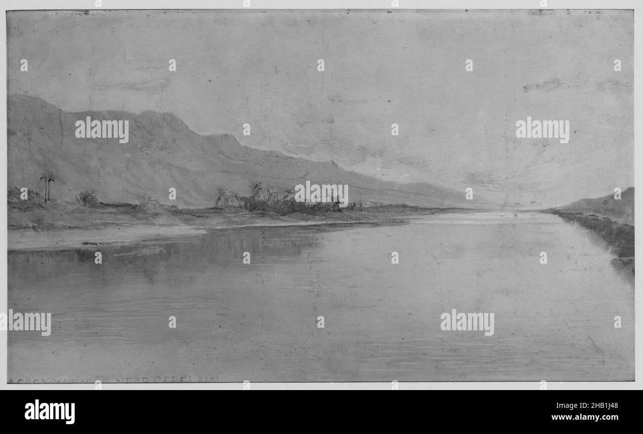 The Nile, Grey Morning, Gebelain, Edwin Howland Blashfield, américain,1848-1936, huile sur toile, env.1886-1891, 10 15/16 x 18 5/16 po, 27,8 x 46,5 cm, 19th Century, américain, américain en Égypte, Edwin Howland Blashfield,egypte, gebelain, Gebelein, Gebeleyn, paysage,Matin, montagnes, Nil, huile, huile sur toile,peinture, rivière, ciel, eau Banque D'Images