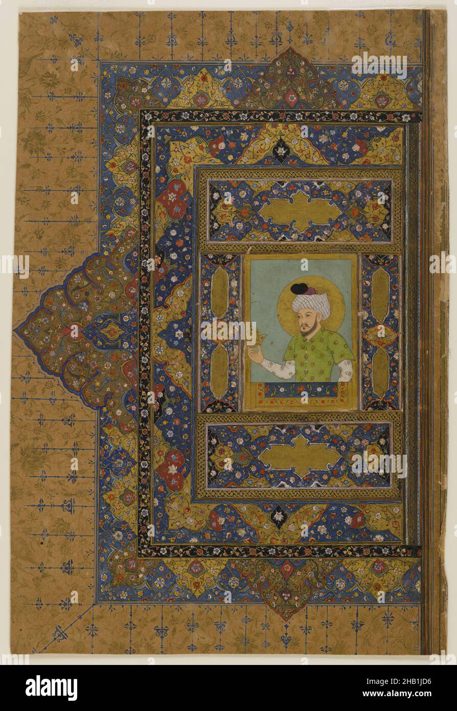 Page éclairée, Haidarabad Telinganeh, Golkonda, Aquarelle et or sur papier, Deccan, Inde, 17th siècle, 7 5/8 x 4 1/8in., 19,4 x 10,5cm Banque D'Images