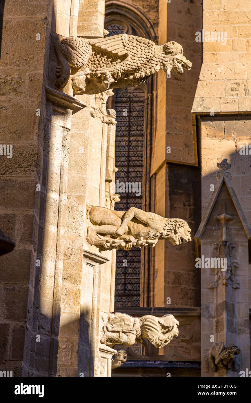 Un gargouille ressemblant à un oiseau et un gargouille ressemblant à un lion avec des traits humains sont assis l'un au-dessus de l'autre sur un contrefort de la Cathédrale Saint-Just-et-Saint-Pasteur à Narbonne, dans le département de l'Aude, en France ; une fenêtre à tracery gothique tardif est visible en arrière-plan. Banque D'Images